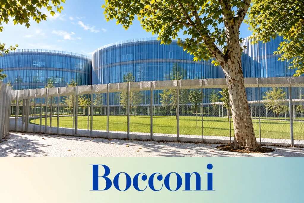 Bocconi Nuovo Campus mimarisini ve mavi Bocconi logosunu pastel gradient zeminle birleştiren tasarım