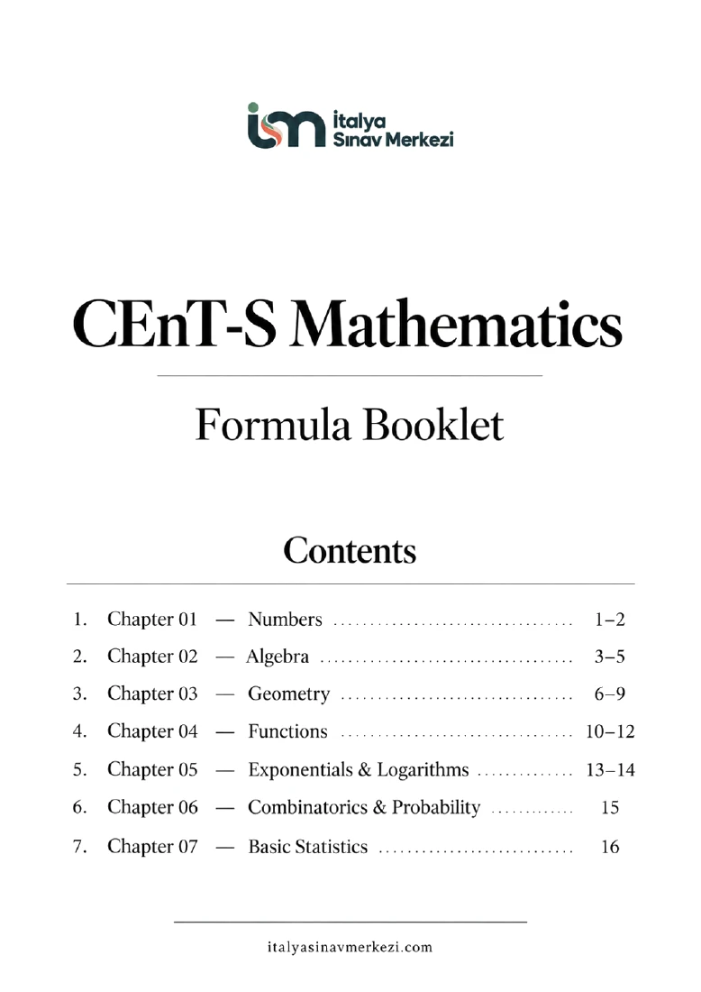 CEnT-S Mathematics Formula Booklet kapağı ve yedi bölümün içindekiler listesi