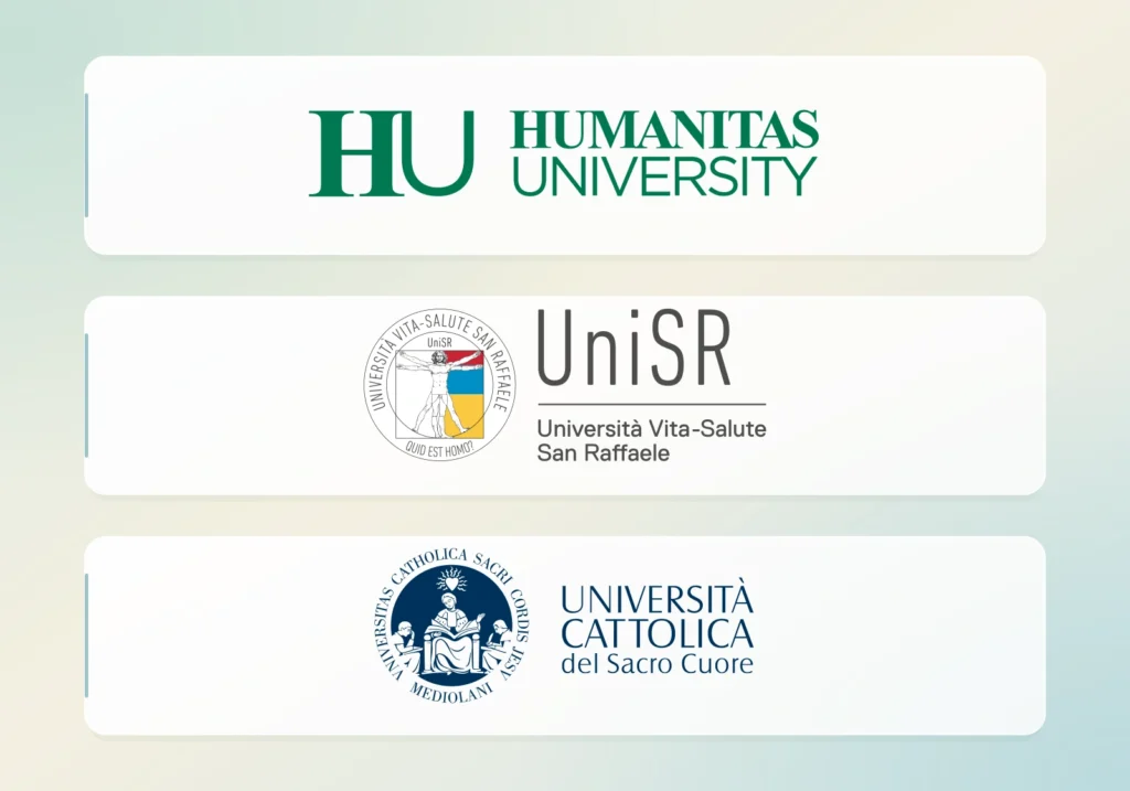 Pastel gradient zemin üzerinde Humanitas University, Università Vita-Salute San Raffaele ve Università Cattolica del Sacro Cuore logoları