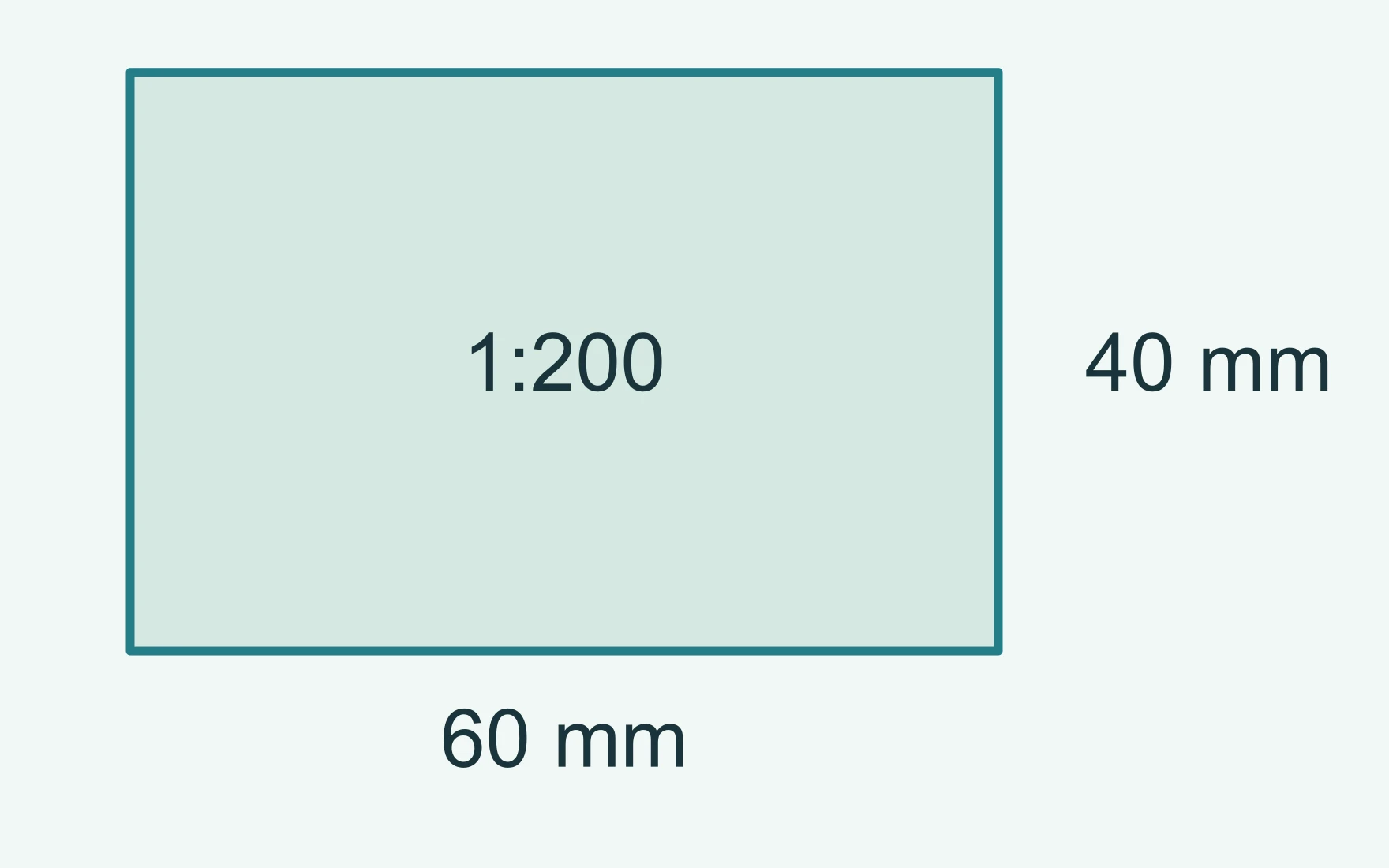 1:200 ölçekte çizilmiş, kenarları 60 mm ve 40 mm olan dikdörtgen oda planı.