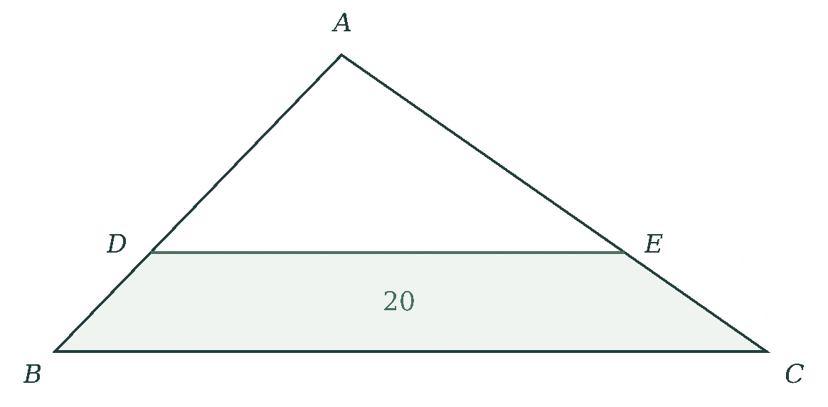 Triangle ABC: D on AB, E on AC, DE parallel to BC, and trapezoid DBCE of area 20.