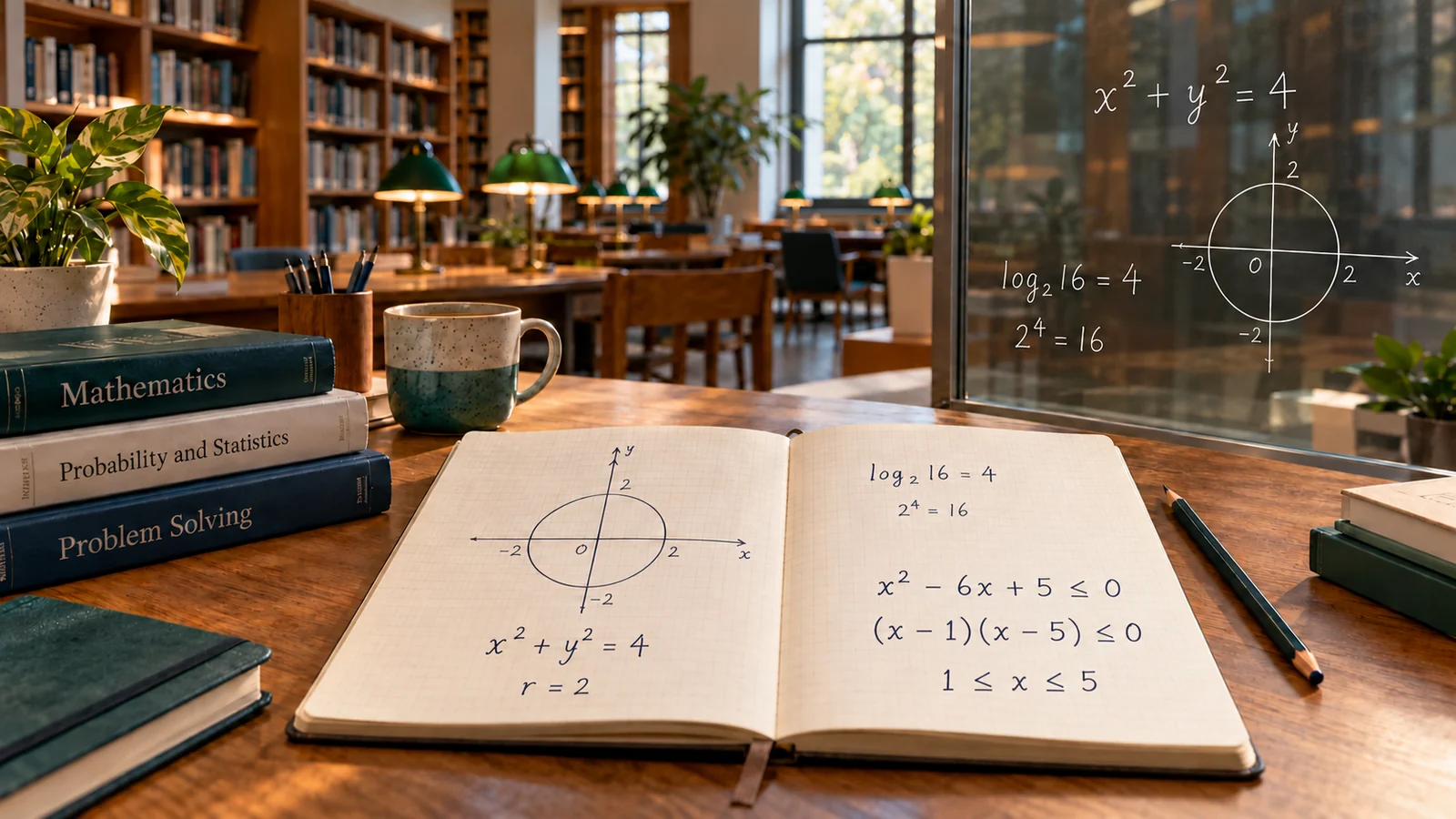 Kütüphanede açık Mathematics defteri, çember grafiği, Logarithms ve eşitsizlik çözümü