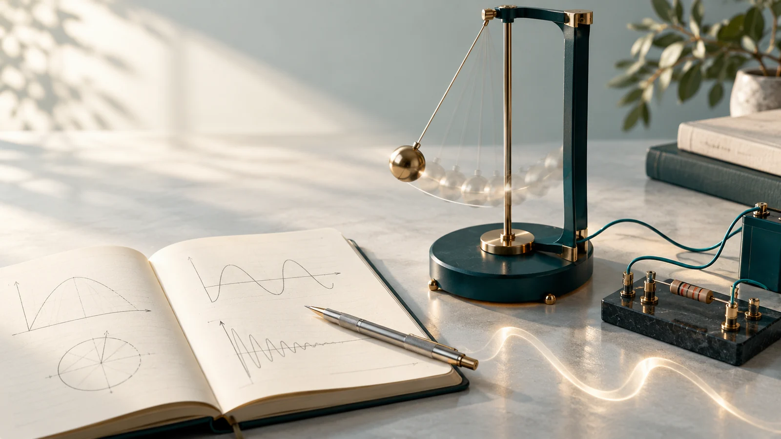 IMAT Physics analizi için sarkaç, elektrik devresi ve fizik grafikleri içeren çalışma masası