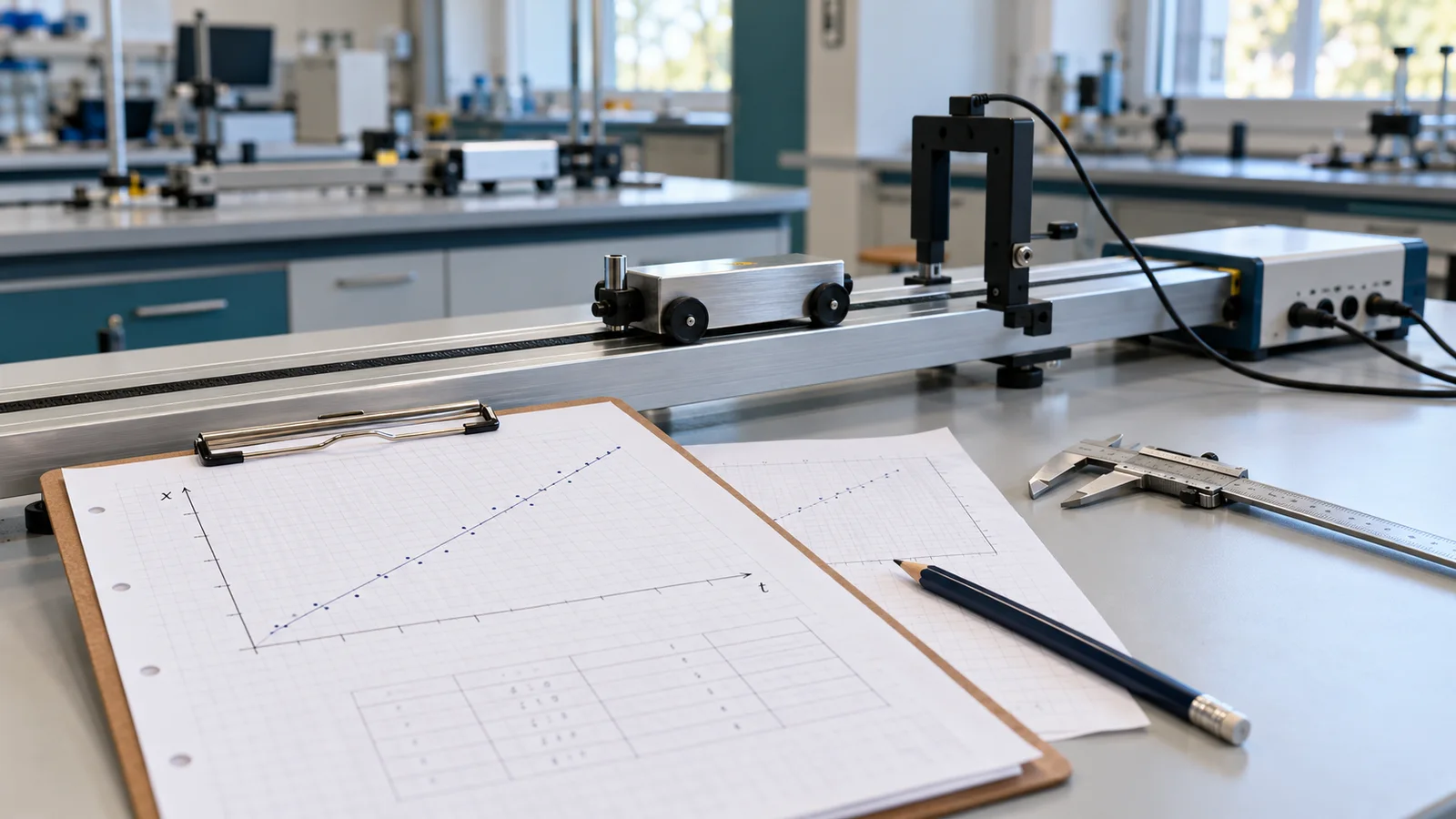 IMAT Physics hazırlığı için laboratuvarda hareket düzeneği, deney kâğıtları ve ölçüm araçları