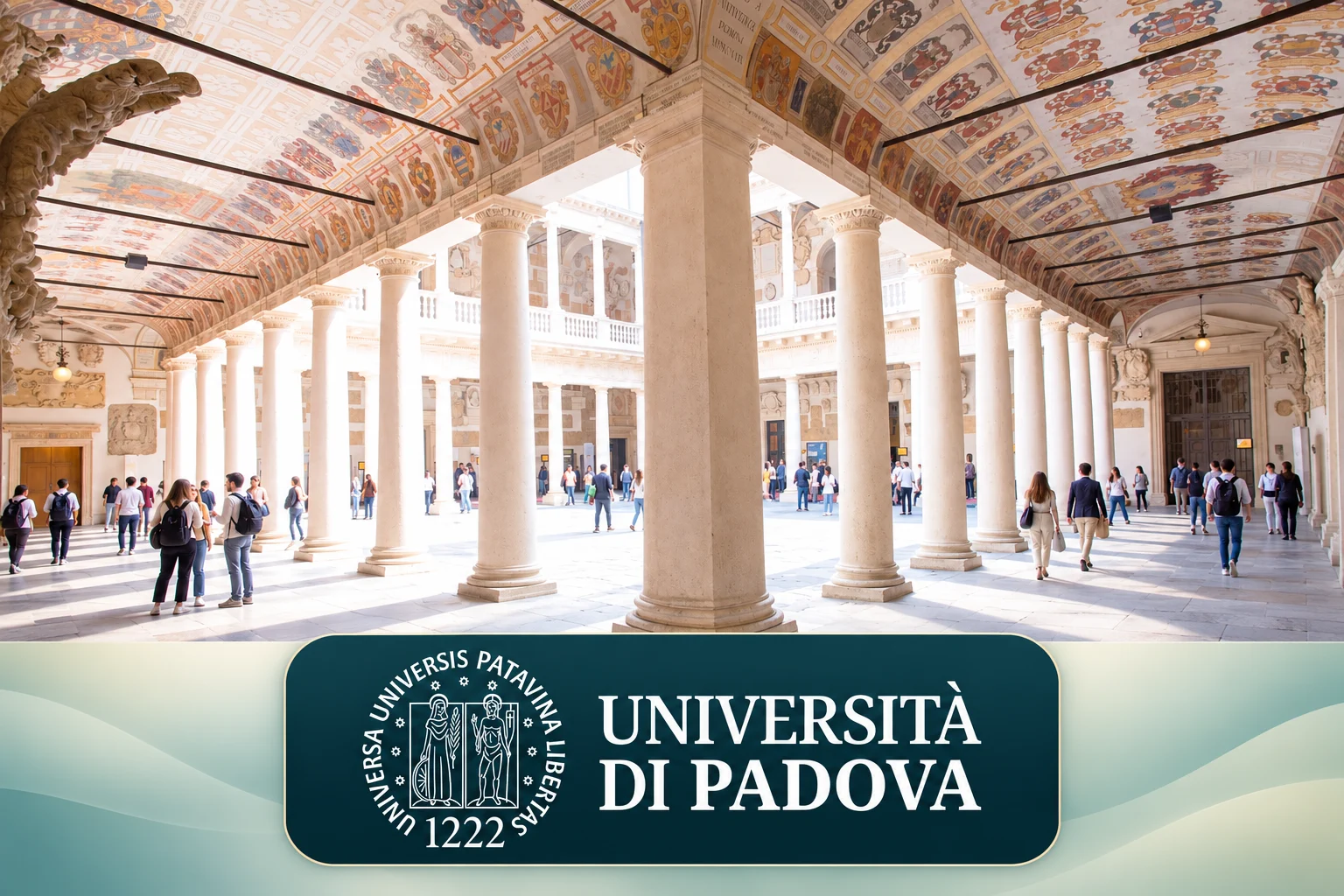 Università di Padova tarihî Palazzo Bo avlusu ve üniversite amblemiyle hazırlanmış kolaj