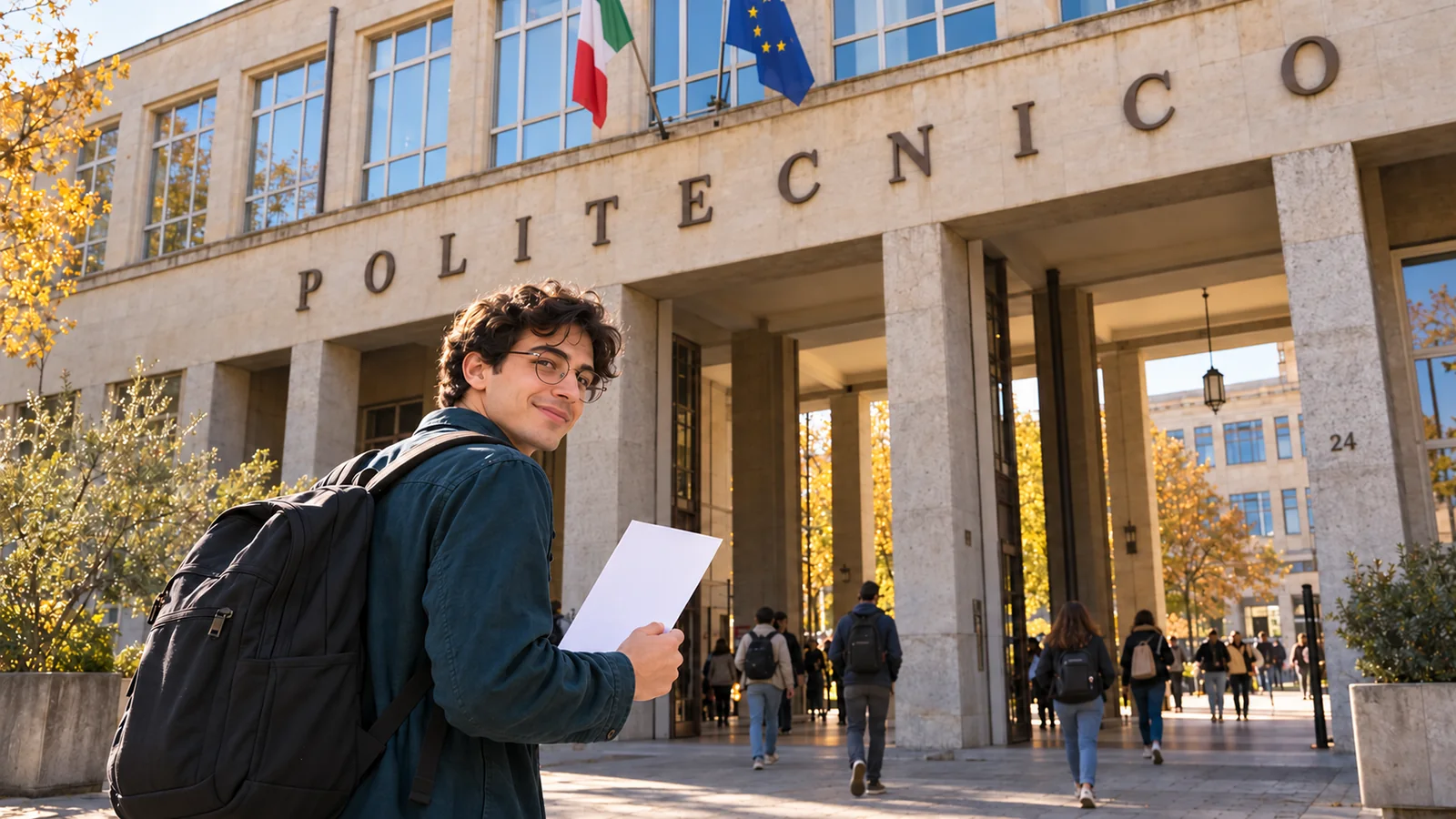 Politecnico di Torino girişine yürüyen gözlüklü ve sırt çantalı temsili üniversite öğrencisi